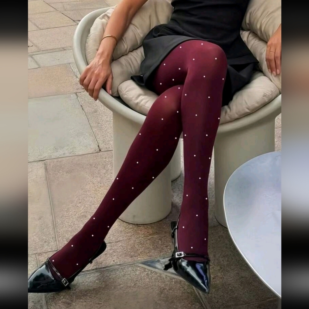 NWT, Elegant Burgundy Polka Dot Tights, One Size